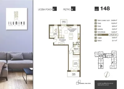 Apartament w Ilumino: 3 pokoje 67m2 + miejsce garażowe + 2 balkony - miniatura 2