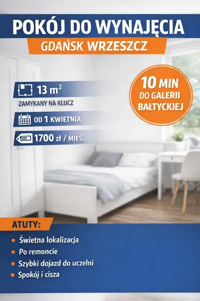 Wynajmę Pokój 13 m² | Gdańsk Wrzeszcz | po remoncie | od 1 kwietnia - miniatura 2