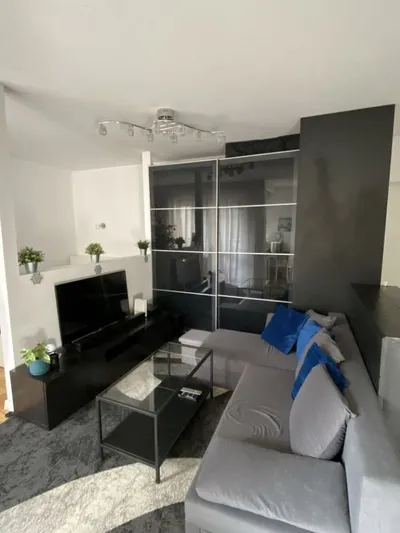 Nowoczesny salon w mieszkaniu na wynajem z szarą sofą narożną, stolikiem kawowym, telewizorem, dużą szafą z lustrzanymi frontami, ciemnymi meblami i jasnym dywanem.